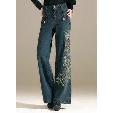 Chic Denim Blue Sequins Embroideried Pockets Cotton Wide Leg Pants Summer