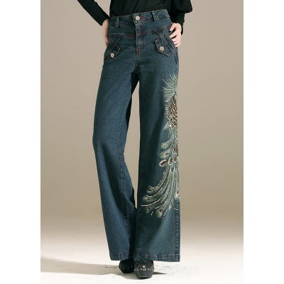 Chic Denim Blue Sequins Embroideried Pockets Cotton Wide Leg Pants Summer