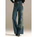 Chic Denim Blue Sequins Embroideried Pockets Cotton Wide Leg Pants Summer