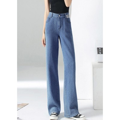 Modern Blue High Waist Zip Up Pockets Plaid Cotton Wide Leg Pants Trousers Summer