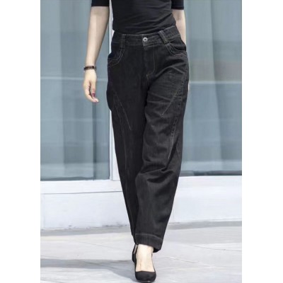 Classy Black High Waist Pockets Patchwork Cotton Denim Pants Summer