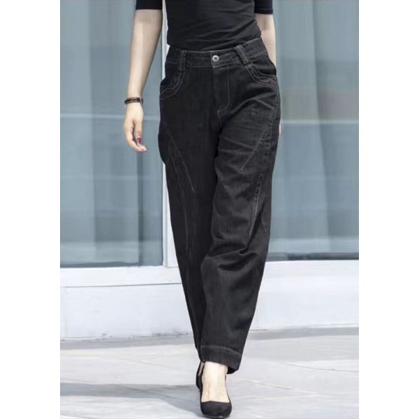 Classy Black High Waist Pockets Patchwork Cotton Denim Pants Summer