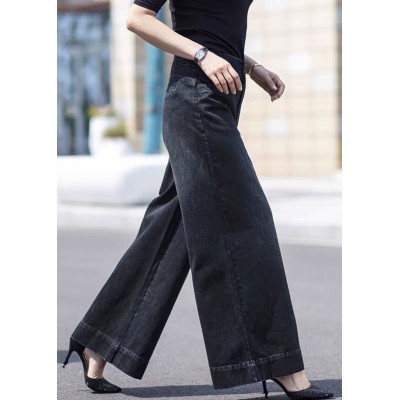 Boutique Black Pockets Draping Cotton Denim Straight Pants Spring