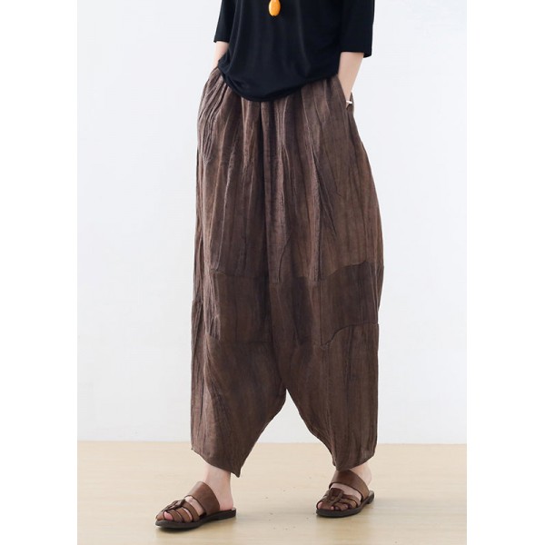 Original Design Coffee Elastic Waist Linen Harem Pants Summer