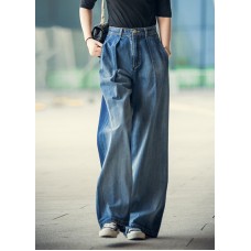 Elegant Denim Blue High Waist Pockets Button Cotton Loose Wide Leg Pants Spring