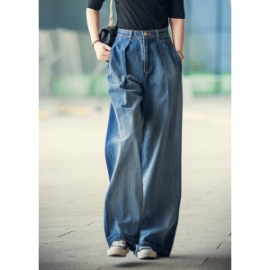 Elegant Denim Blue High Waist Pockets Button Cotton Loose Wide Leg Pants Spring