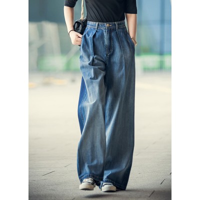 Elegant Denim Blue High Waist Pockets Button Cotton Loose Wide Leg Pants Spring