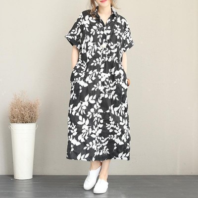 New floral long cotton dress plus size clothing lapel collar caftans New short sleeve caftans