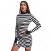 European and American foreign trade women's sexy slim dress Simple long sleeve round neck slim black and white strip dress Summer