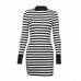 European and American foreign trade women's sexy slim dress Simple long sleeve round neck slim black and white strip dress Summer