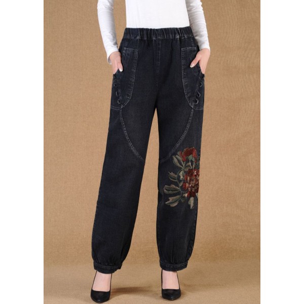 Elegant Black Grey Elastic Waist Embroideried Pockets Cotton Denim Lantern Pants Summer