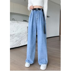 Plus Size Blue Original Design Elastic Waist Pockets Cotton Denim Wide Leg Pants Summer