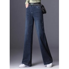 Boutique Original Design Blue Grey Elastic Waist Pockets Cotton Denim Straight Pants Spring