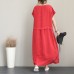 fashion red long linen dress Loose fitting v neck linen clothing dress women two big pockets maxi dresses