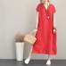 2018 red natural cotton dress casual v neck traveling dress Elegant side open maxi dresses