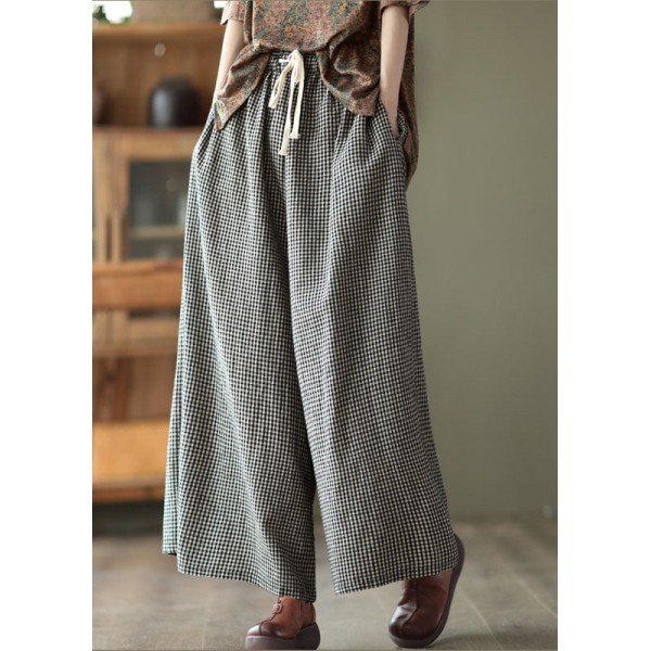 Small Plaid Loose Linen Wide Leg Pants Drawstring Summer