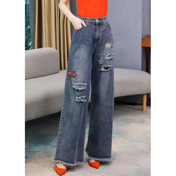 French Denim Blue High Waist Hole Embroideried Pockets Cotton Wide Leg Pants Spring