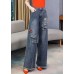 French Denim Blue High Waist Hole Embroideried Pockets Cotton Wide Leg Pants Spring