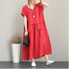 fashion red long linen dress Loose fitting v neck linen clothing dress women two big pockets maxi dresses