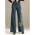 Chic Denim Blue Sequins Embroideried Pockets Cotton Wide Leg Pants Summer